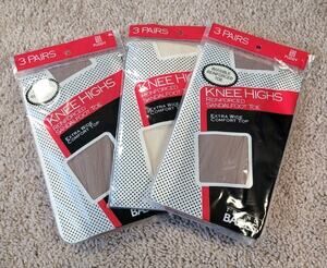 Bundle Of 3 Vtg Trend Basics Knee Highs Reinforced Toe Extra Wide Comfort NEW